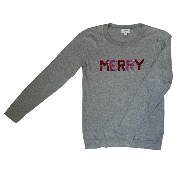 J.Crew Merry Sequin Christmas Sweater XS Pullover Grey Red Pink Holiday Outfit - Picture 2 of 9